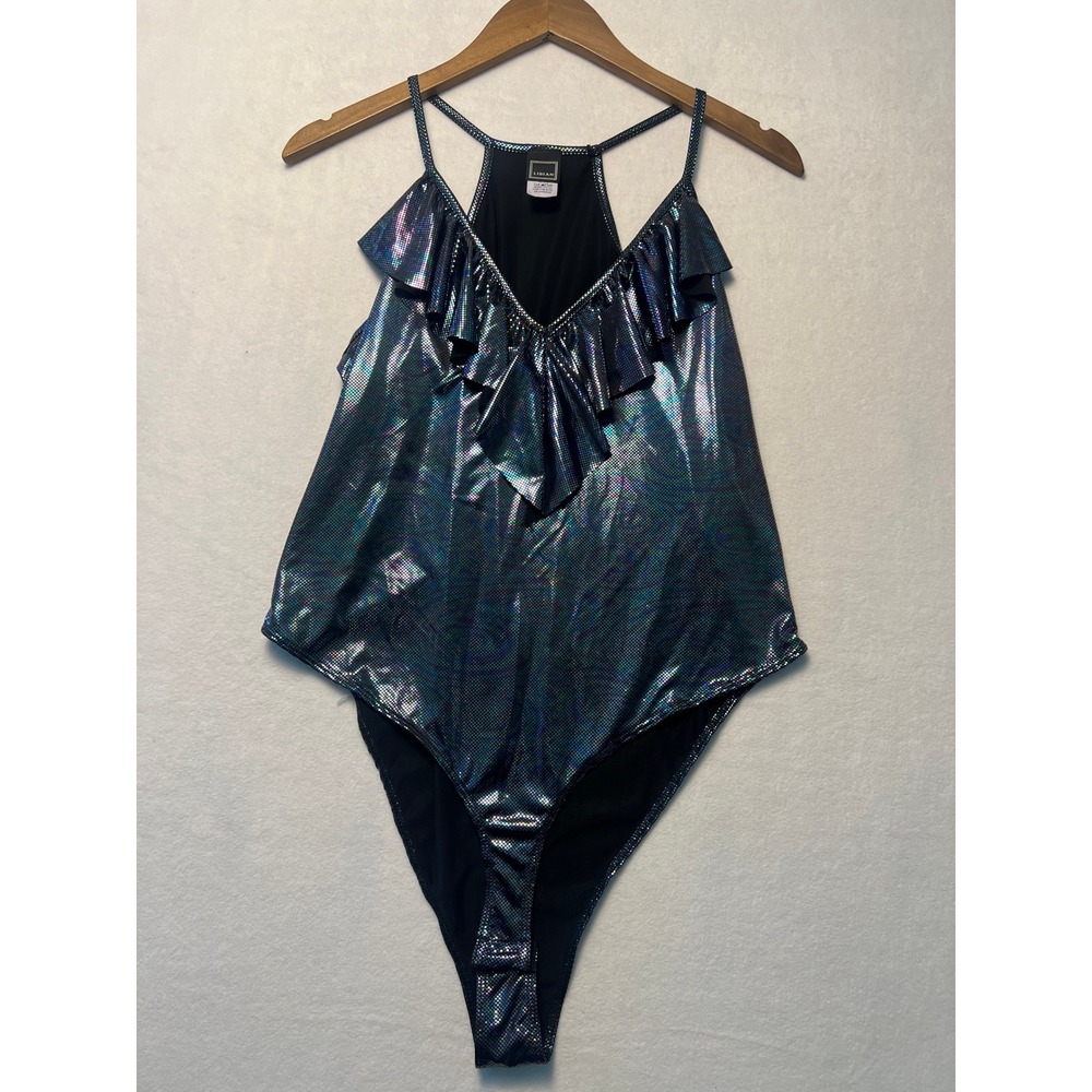 Libian 2X Bodysuit Festival Rave Iridescent Holographic Metallic Ruffle V-Neck